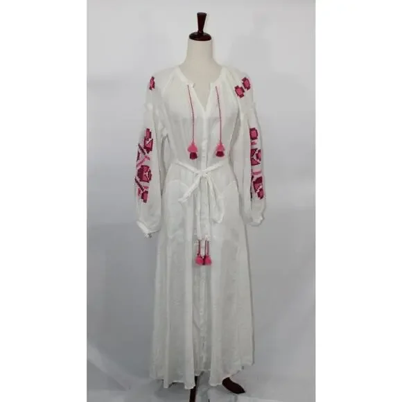 ELEVEN March 11 Sz XS Ivory Linen Pink Embroidered Belted Midi Dress - Picture 9 of 9